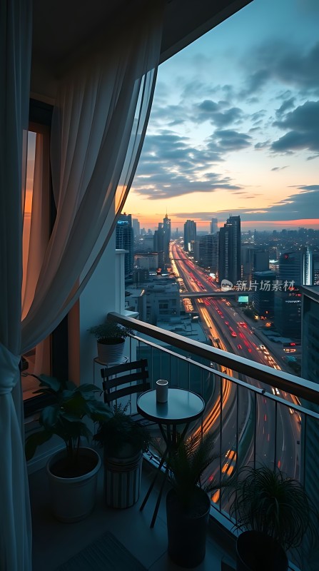 城市夜景下的温馨阳台