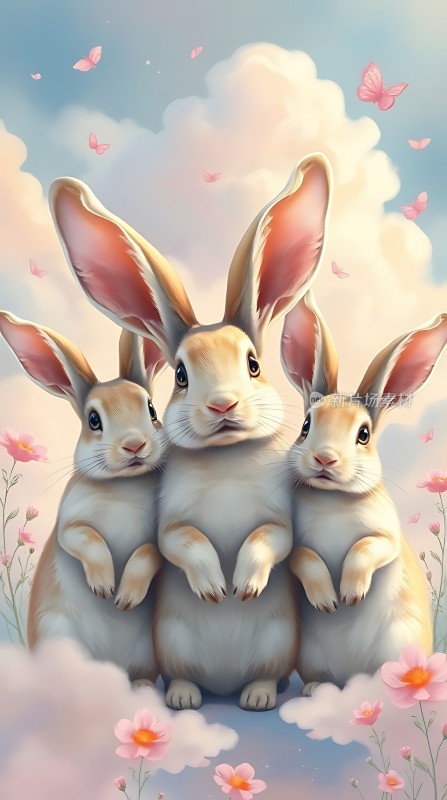 三只可爱兔子在花丛中嬉戏