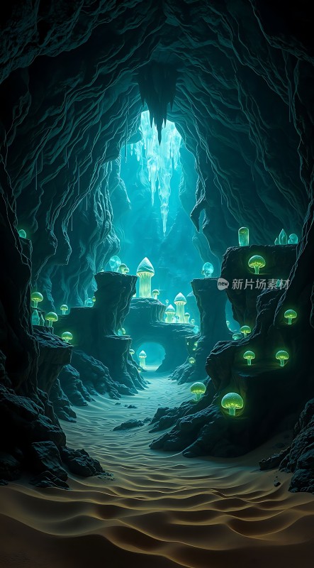 神秘洞穴中的荧光蘑菇世界