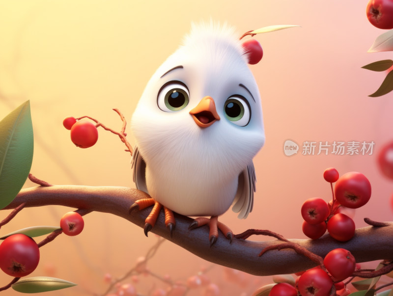 树枝上的可爱卡通3D小鸟