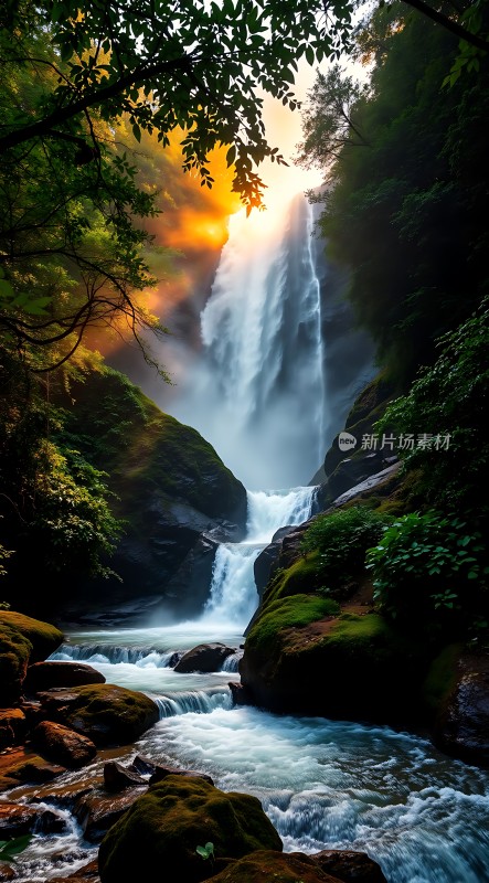 阳光下的瀑布与溪流