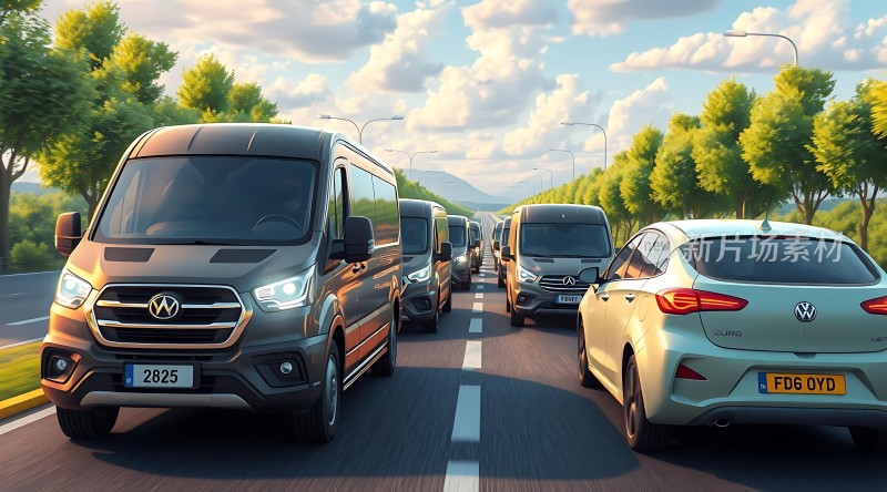 阳光下的车流与绿树成荫的道路