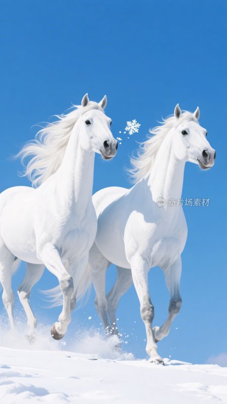 雪地中奔跑的两匹白马