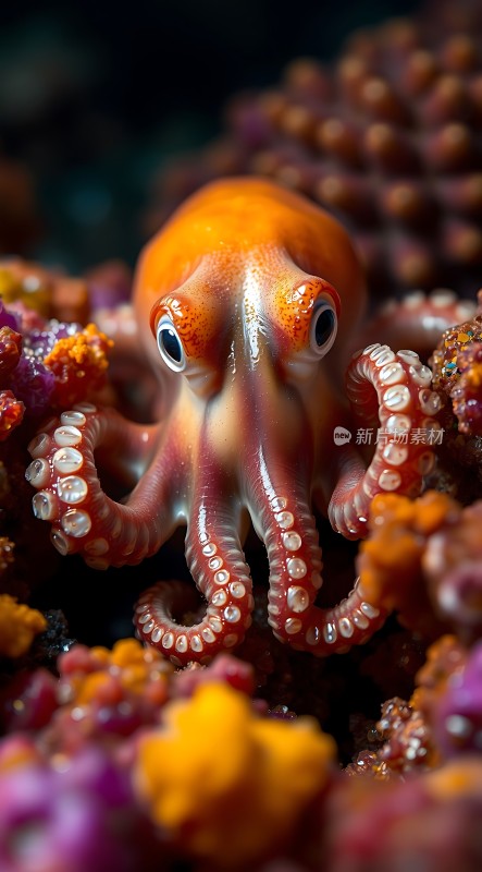 色彩斑斓的小章鱼在珊瑚丛中探出头