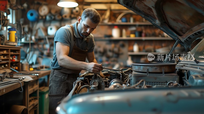 修车工人在车间里专注地修理汽车引擎