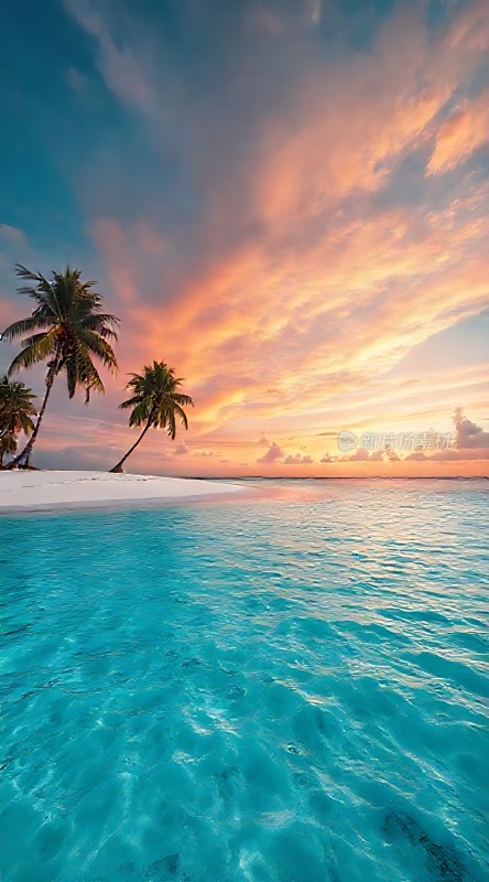椰林晚霞映碧波