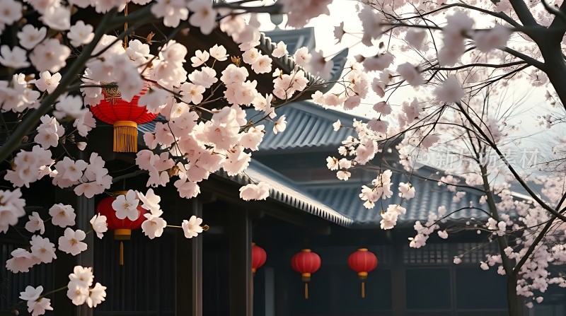 春满古院红灯笼映白樱花