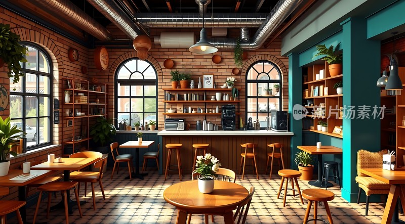 温馨咖啡馆砖墙绿植木桌椅自然与舒适并存