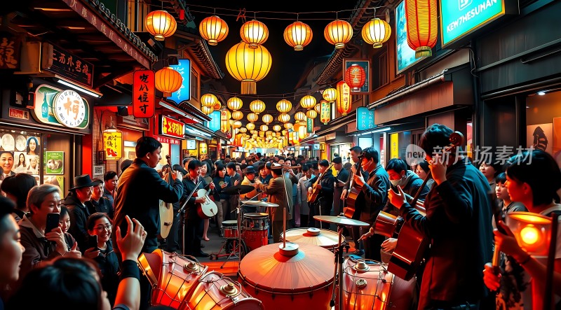 夜色下的街头乐队表演