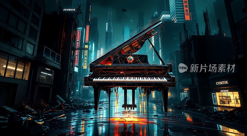 未来城市中的神秘钢琴