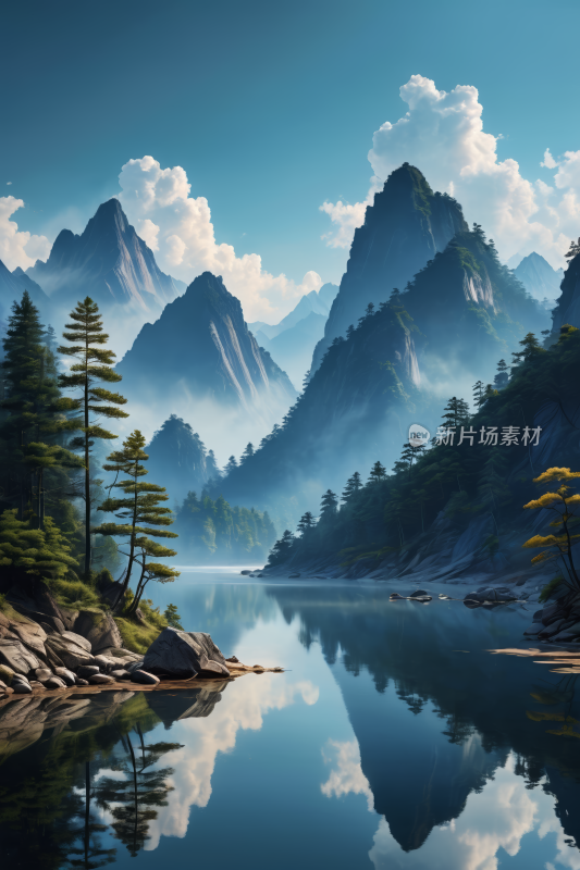 一个山湖几棵树和一座高山清风景插图片