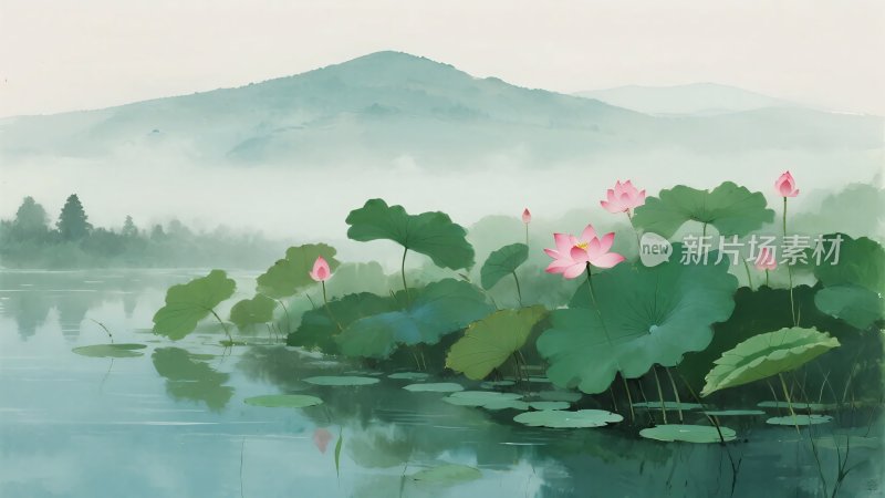 水墨风荷塘山水插画