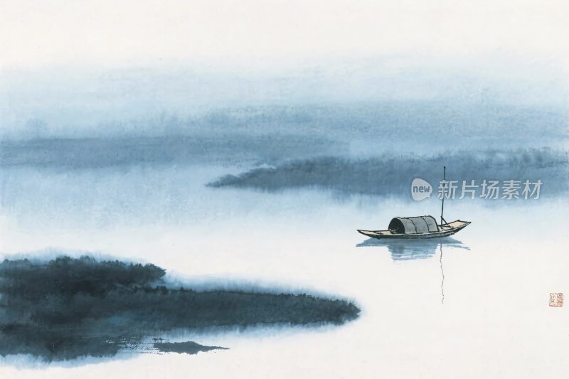 水墨山水小船画