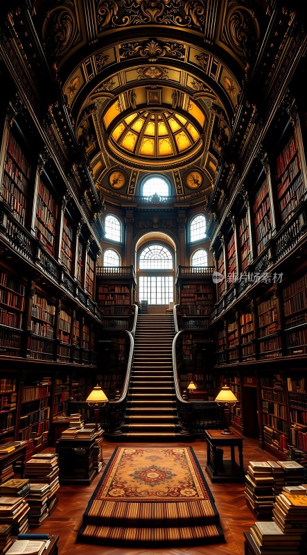 宏伟图书馆内部书架、地毯和楼梯