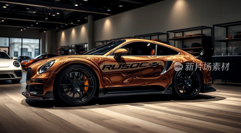 豪华跑车展示金属质感车身黑色轮毂店内环境优雅