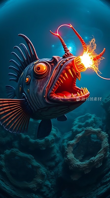 深海异兽发光的眼睛与锋利的牙齿