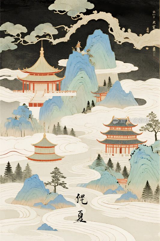 传统山水古韵插画