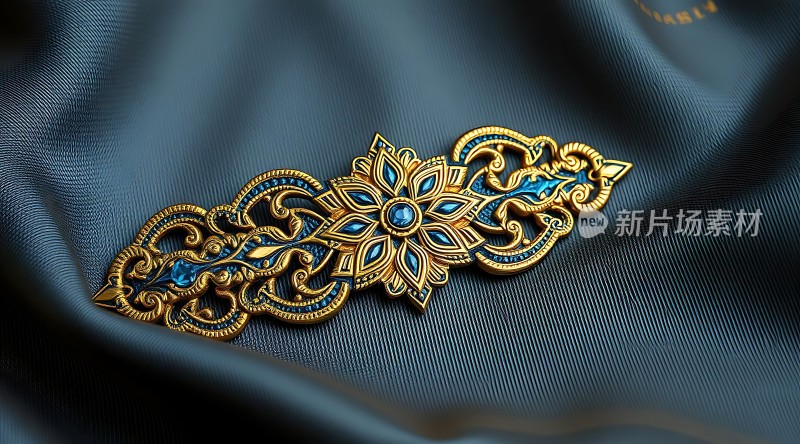 金色花纹装饰品在蓝色布料上闪耀