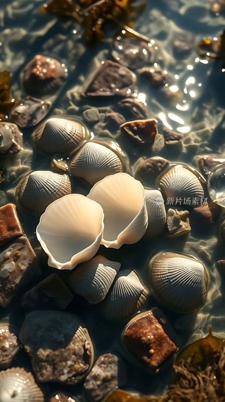阳光下的贝壳与海藻