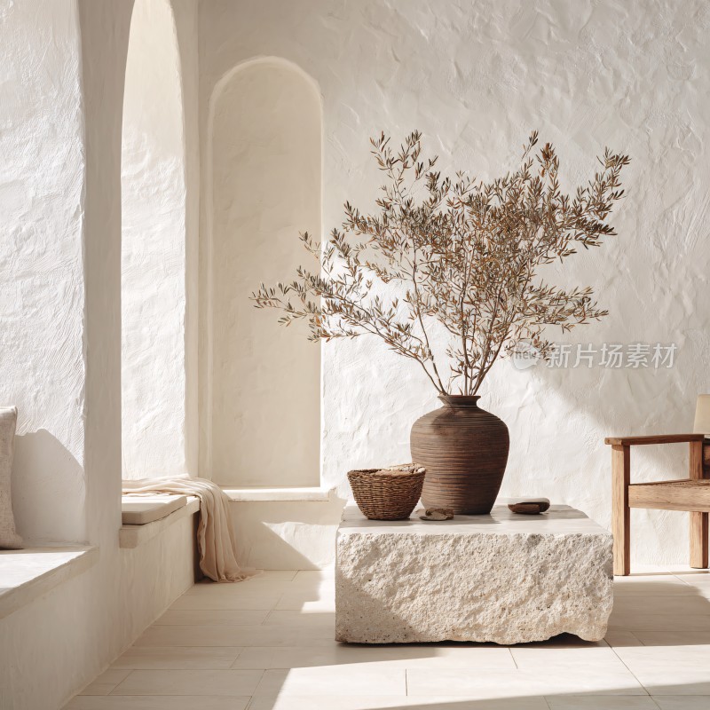 室内白色空间的陶罐绿植布置