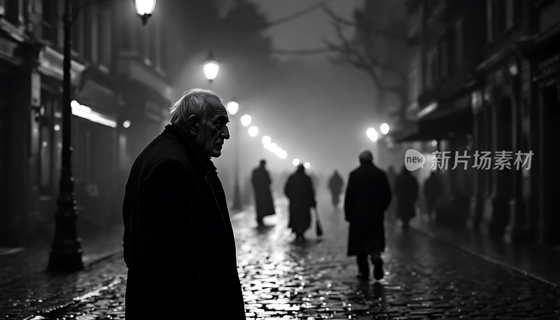 雾夜街头孤独老人与行人的剪影