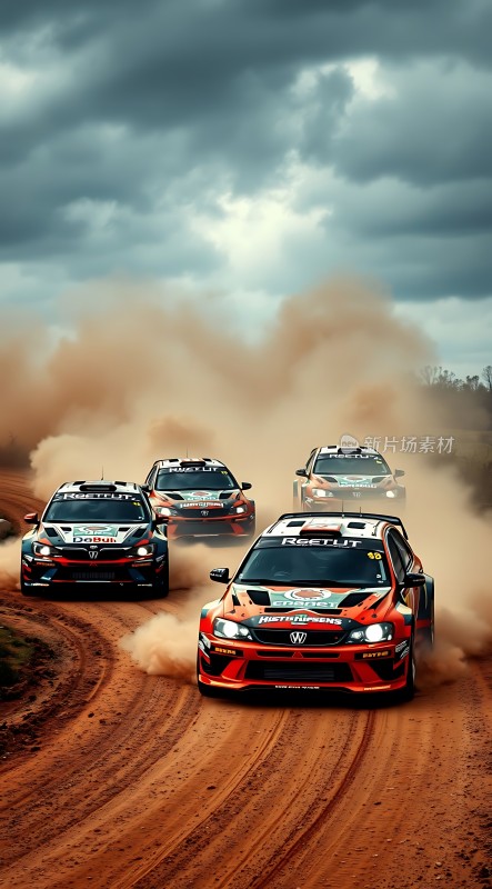 四辆赛车在泥泞赛道上竞速扬起尘土飞扬