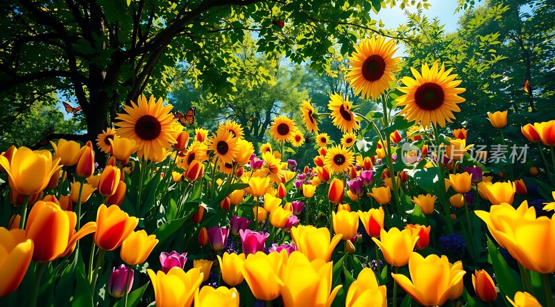 阳光下的花海向日葵与郁金香共舞