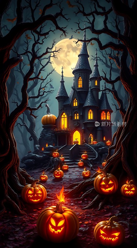 万圣节之夜南瓜灯与幽灵城堡