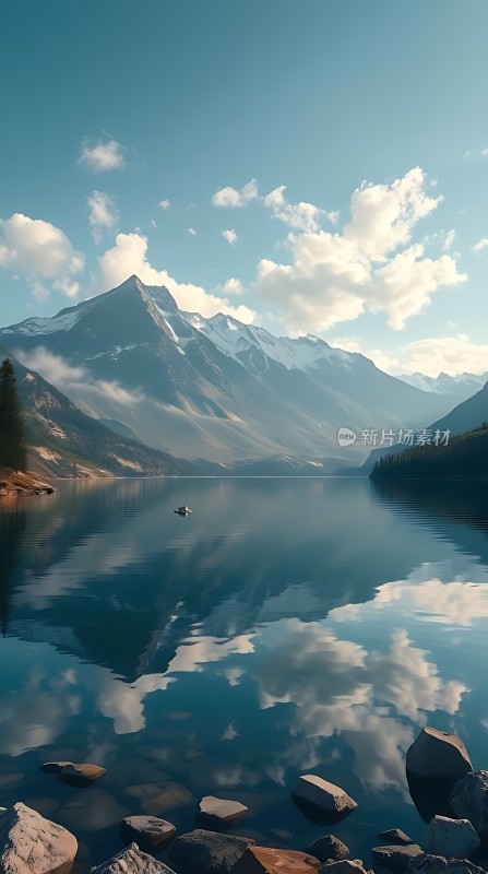 雪山倒影映碧波