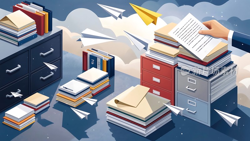 文件柜与飞舞的纸飞机