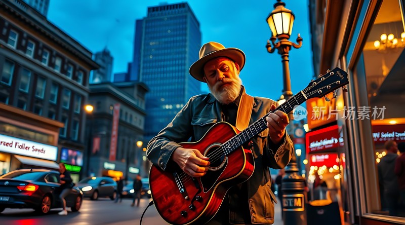 街头吉他手城市夜景下的音乐魅力