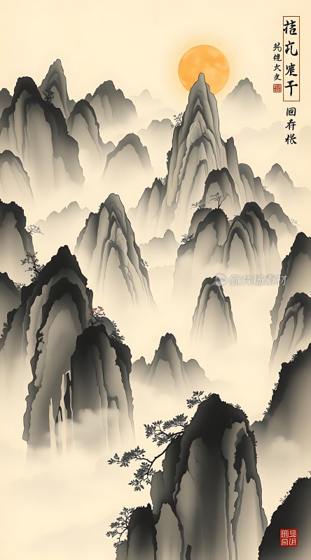 晨雾笼罩的山脉日出东方云雾缭绕意境深远