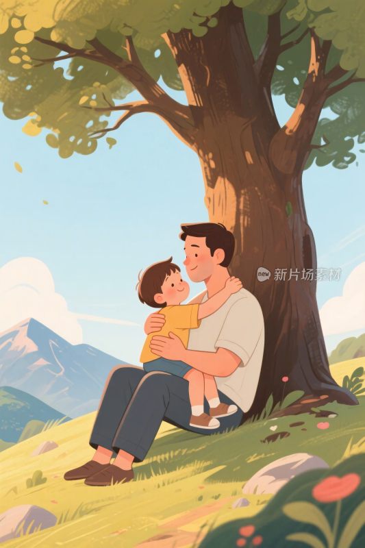 父子树荫温馨拥抱