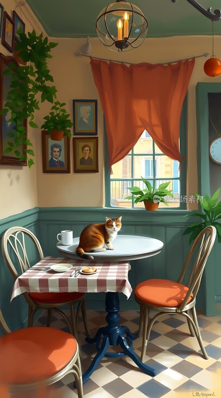 阳光午后咖啡馆里的橘猫