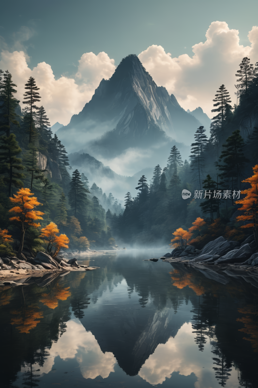 山林倒影在山区的湖泊中高清风景插图片