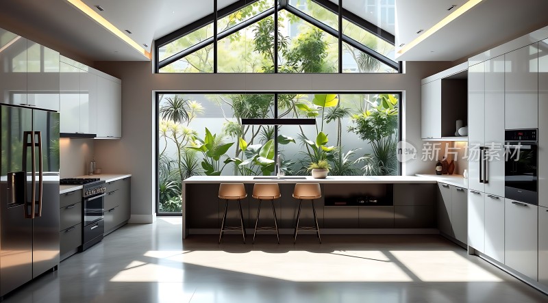 现代厨房设计自然光线充足绿植环绕时尚简约