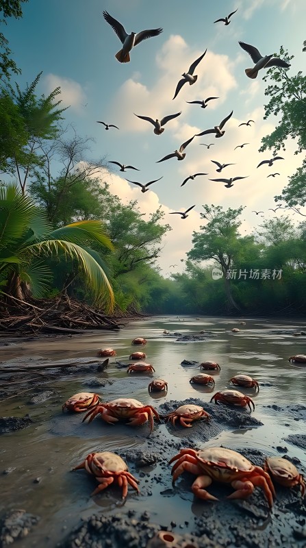 阳光下的河岸飞翔的海鸥与爬行的螃蟹