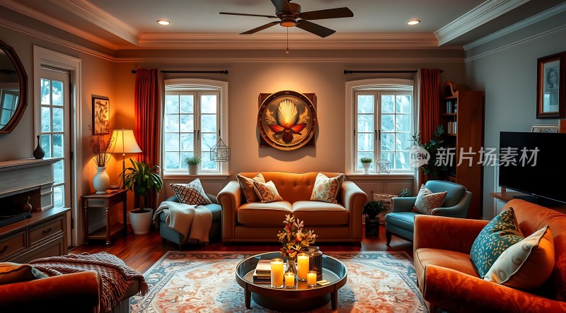 温馨客厅舒适沙发精美装饰自然光线和谐氛围
