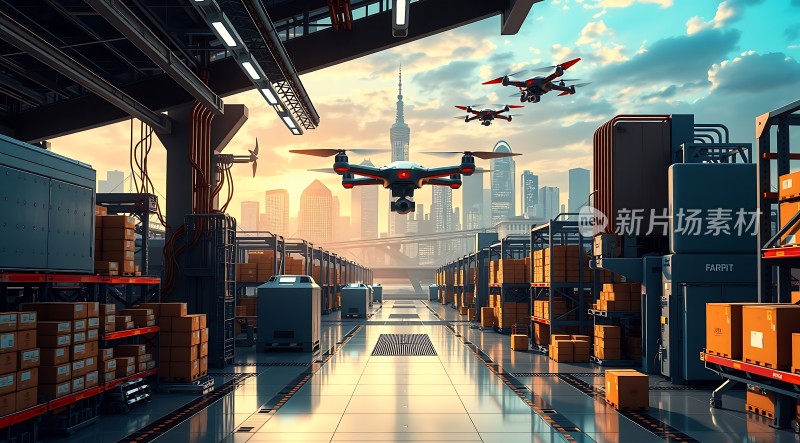智能物流中心无人机配送城市天际线背景