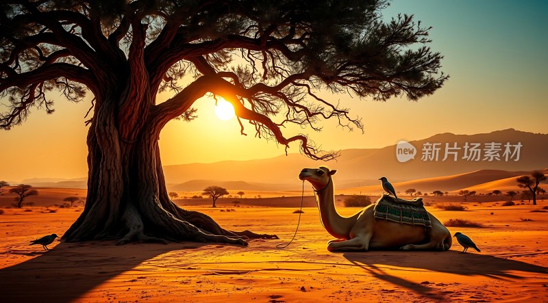沙漠驼影日落图