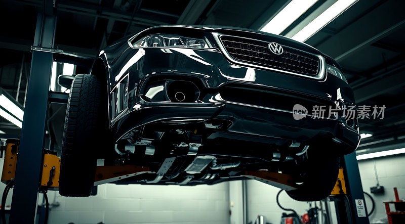 车间内黑色汽车被托起