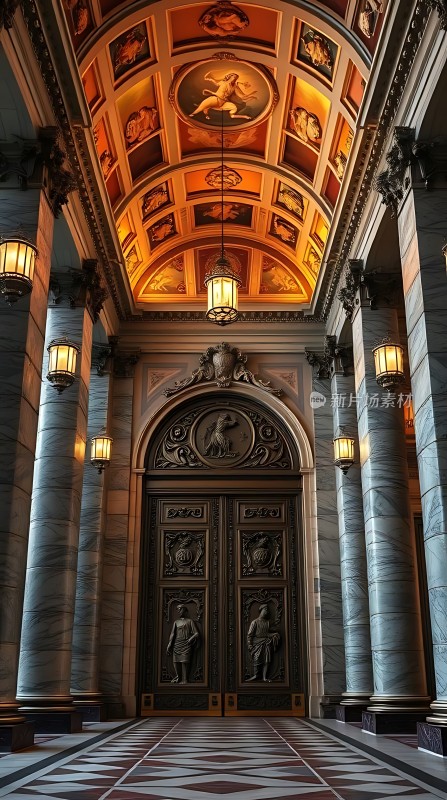 宏伟大厅大理石柱廊与精美雕花大门
