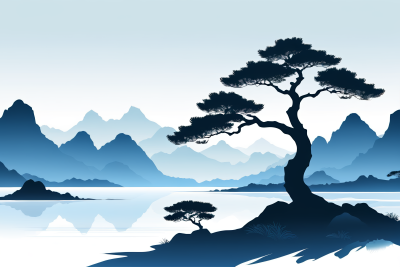 一棵树矗立在水边的岩石上高清图片