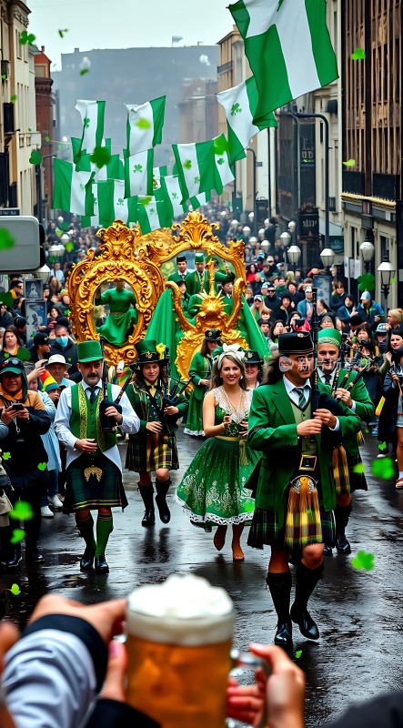圣帕特里克节游行盛况绿意盎然欢庆节日气氛浓厚