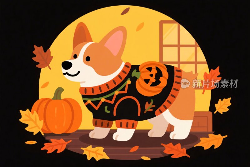 秋日卡通柯基插画