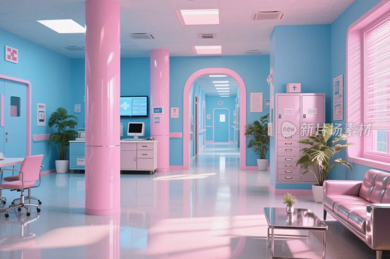 粉蓝配色医院休息室场景