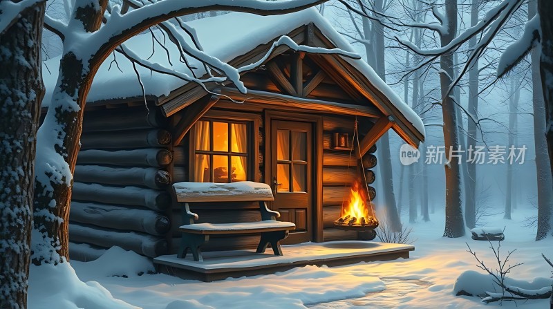 雪夜小木屋温馨篝火