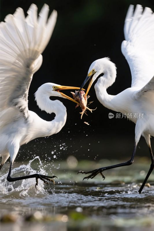 两只白鹭水面互动