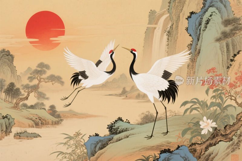 国风仙鹤山水插画