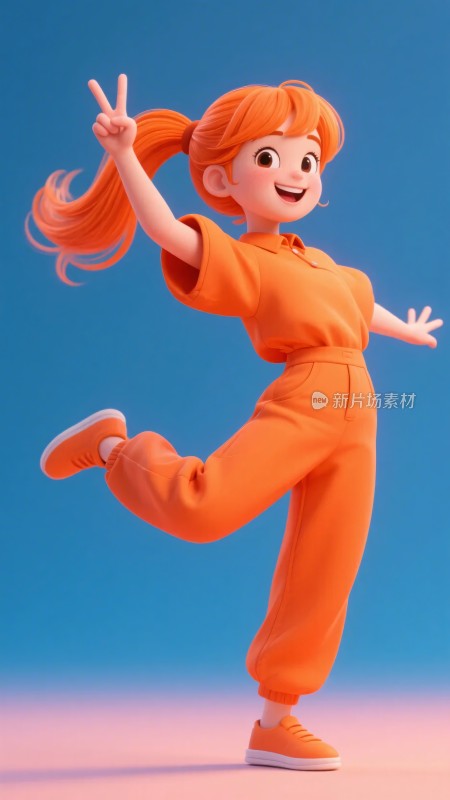活力橙衣女孩欢快起舞